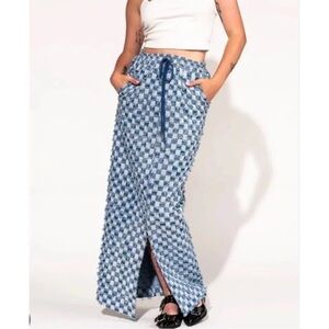 Dressed in LALA Blue Check Knit Pencil Maxi Skirt with Front Slit and Pockets